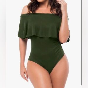 Swimsuits for Women One Piece Leotards Ruffle Overlay Sleeve Romper L Army Green